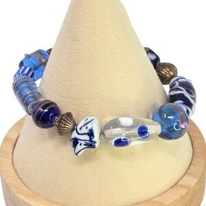 Boho‎ Blue Glass Bead Bracelet Artisan Handmade Stretch Unique Design